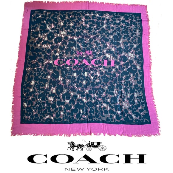 Coach New York Large Animal Print Wool Scarf Wrap Purple Fringe Size 52” X 52” - Picture 15 of 15